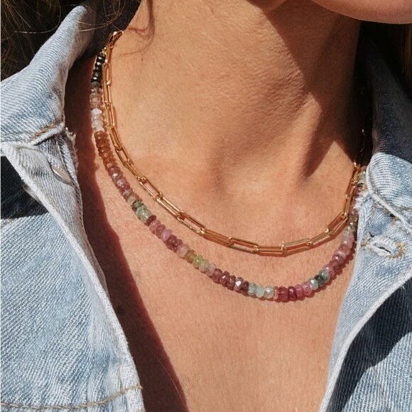 Jewelry - Gemstone Beaded necklace for FALL BEAUTIFUL Watermelon Tourmaline Necklace Gold